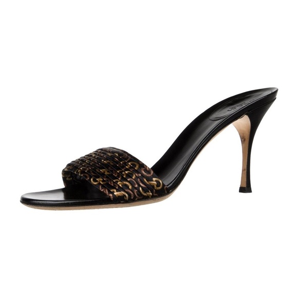 Gucci women’s horsebit accent satin slip on mule heels size 7.5